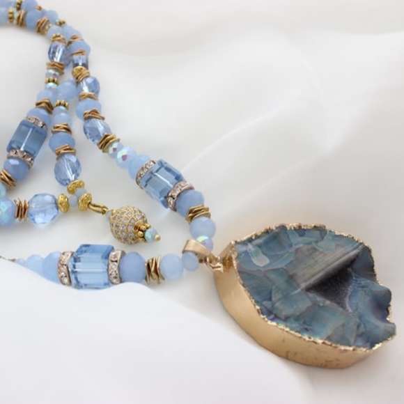 Sky Blue Crystals Multi Strand Agate Layered Necklace - Picture 3 of 7